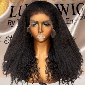 Raw virgin human hair 180% kinky straight with 4c hairline HD lace 9by6 Closure with curly tips,18inches.Glueless wig.PREORDER